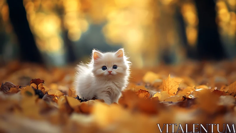 White kitten surrounded by autumn leaves.

