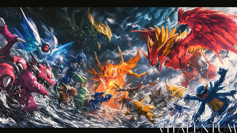 Legendary elemental creatures surge together in a roaring clash