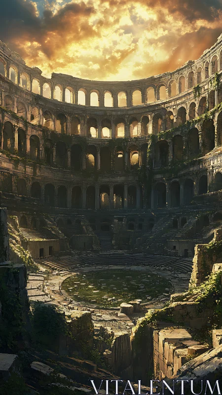 Sunlit ruined colosseum interior rendered in epic digital art