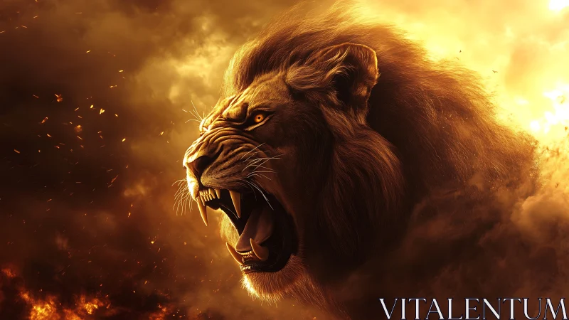 Cinematic lion portrait in high-contrast, firelit atmospheric haze