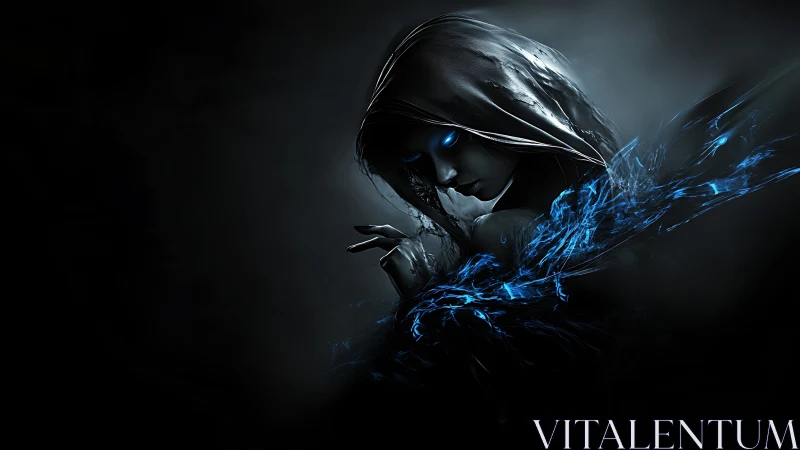 Hooded figure with blue energy rendered in dark digital art