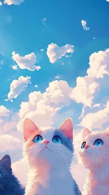 Two cats gazing from clouds in a luminous sky.