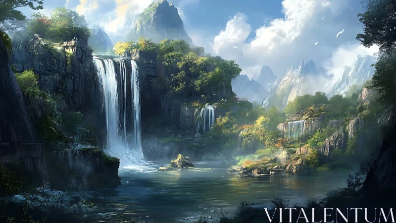 Lush mountain gorge frames twin waterfalls over misted lake