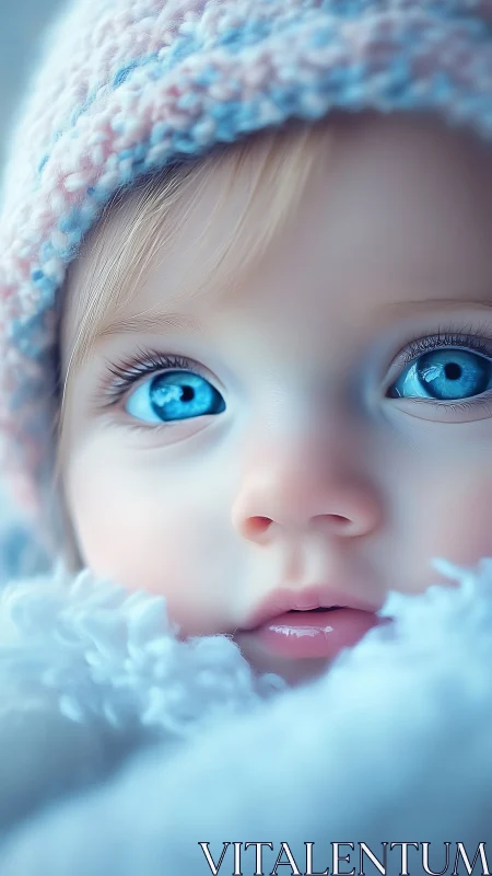 Ethereal child's face radiates wonder with captivating blue eyes