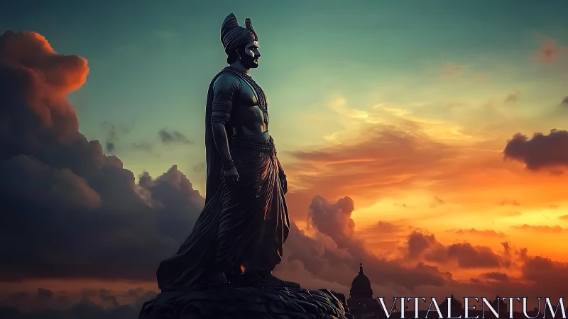 Sunset guardianship of a timeless heroic stone figure.