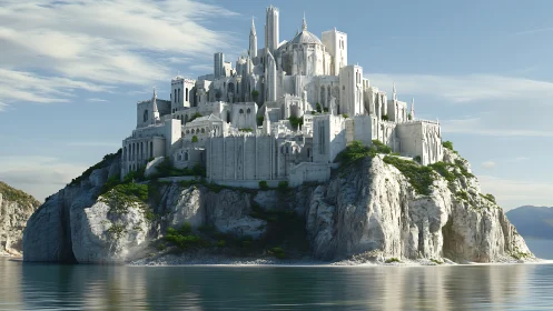 Monumental fantasy castle positioned atop dramatic limestone promontory over crystalline waters.