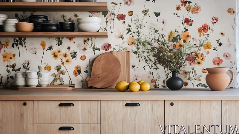 Botanical Wall Collage With Curated Kitchen Styling.