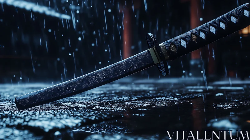 Stormlit katana resting on wet cobblestones at night.