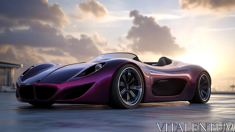 Sunlit magenta roadster concept on reflective rooftop deck.