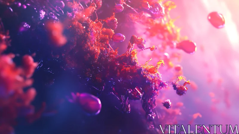 Luminous microcosm glows in surreal magenta nebula.