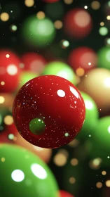 Red and green glossy spheres in soft festive bokeh field.