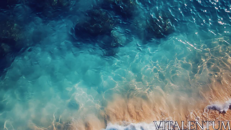 Sunlit turquoise waves gently meeting a quiet sandy shore.