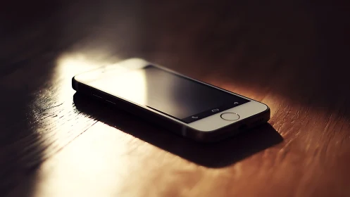 iPhone with White Bezel Illuminated by Warm Studio Lighting on Wood Surface.