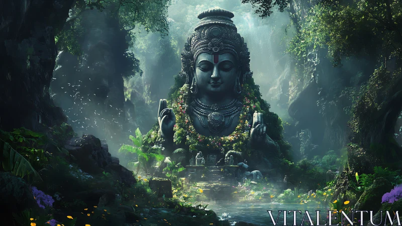 Jungle colossus in lotus calm, crowned by swirling greenery.