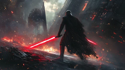 Sith warrior ignites twin red blades on burning starship deck