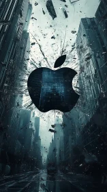 Monochrome city canyon with central floating apple emblem.