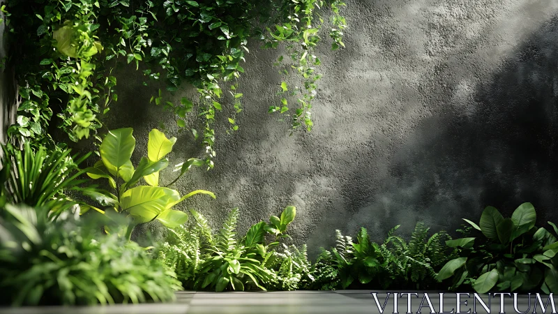 Indoor green garden against textured concrete wall.