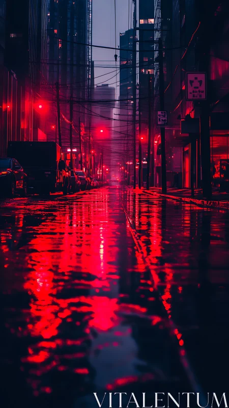 Rain-soaked alley with neon red streetlights and wet reflections