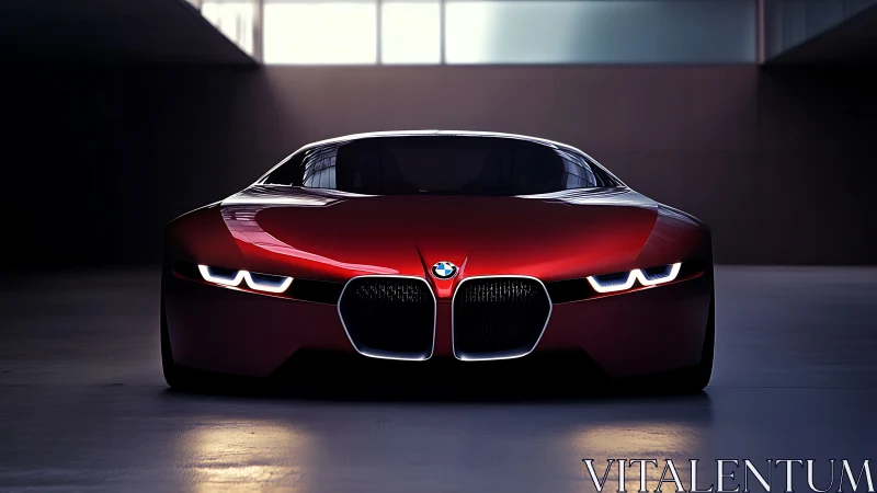Low-lit front view of red BMW concept sports car.