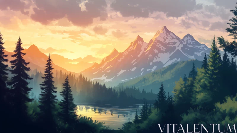 Sunlit alpine peaks above reflective conifer forest lake.