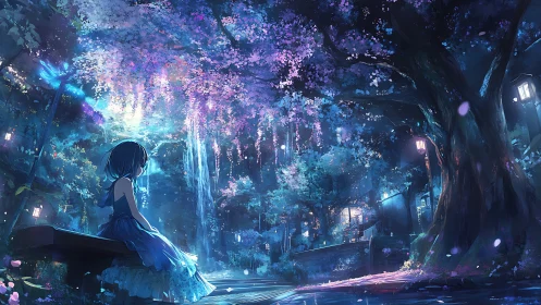 Girl on bench under illuminated cherry trees at night.