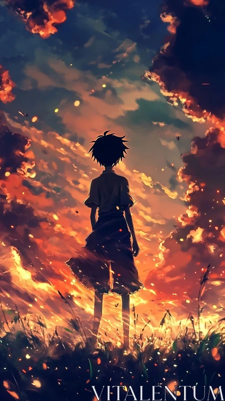 Silhouetted youth in ember lit field beneath dramatic dusk sky