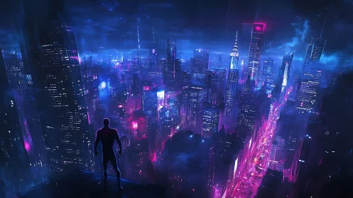 Lone silhouette overlooking neon cyberpunk night cityscape.