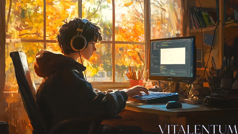 Autumn light frames a focused young coder at the desk.