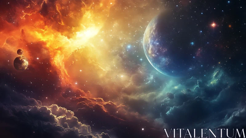 Planetary trio orbits vibrant nebula in turbulent cosmos