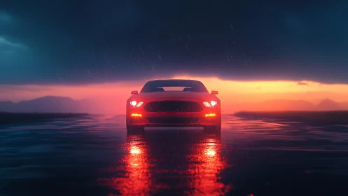 Sporty red car glows against a stormy sunset highway drive.