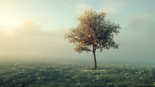 Lone tree in misty field with soft sunrise lighting, serene style.
