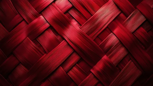 Red woven ribbon texture shows interlaced glossy strands