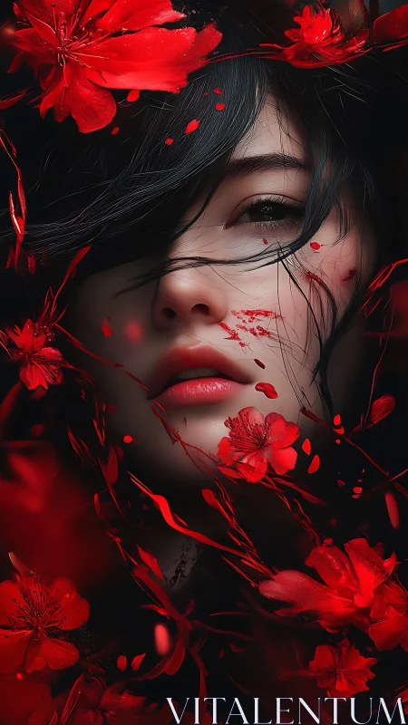 Crimson blossoms frame a solemn digital portrait of a woman.