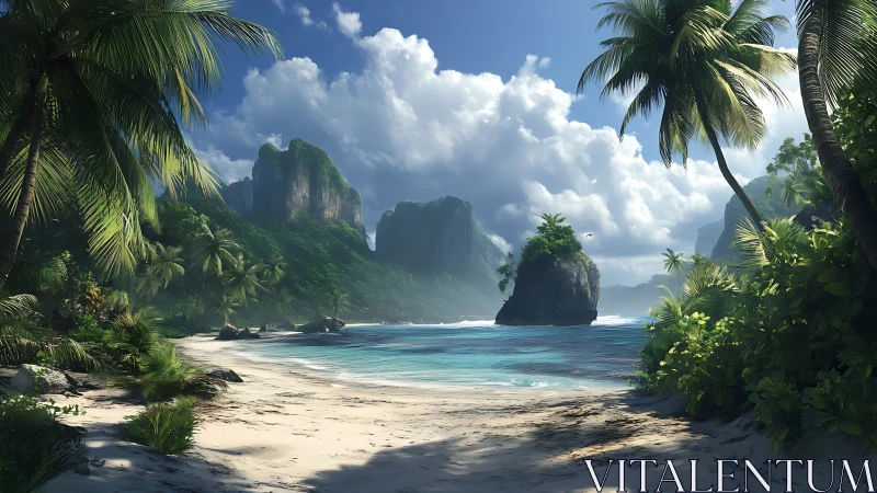 Tropical Limestone Formations: Pristine Archipelago Cove Framed by Indigenous Palms.