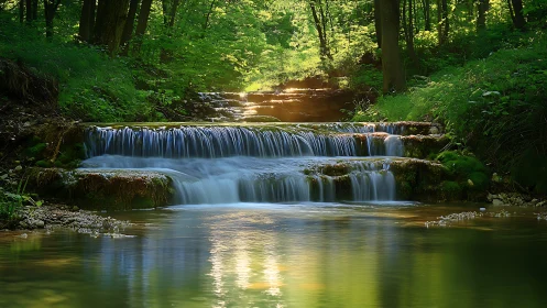 Tiered forest waterfall under warm directional sunlight.