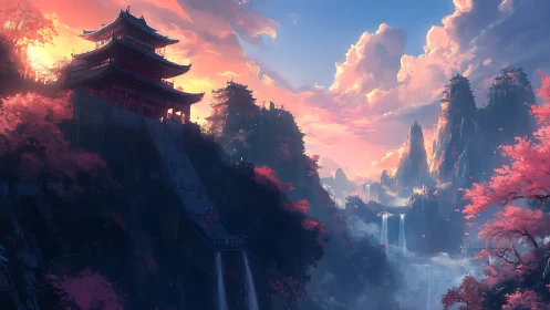 Sunlit mountain temple overlooking dreamy misty valley.