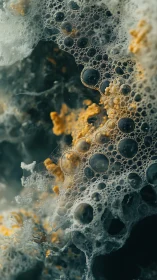 Foamy microcosm drifts like alien reefs in teal twilight