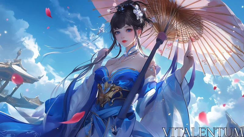 Female figure in blue hanfu under parasol in sky setting.