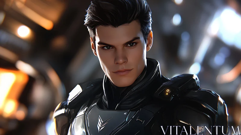 Fearless young space pilot in sleek futuristic armor.