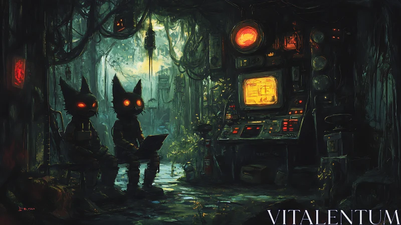 Curious cat explorers in a glowing forest control lab.