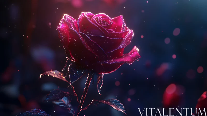 Luminous Magenta Rose with Crystalline Frost Against Dark Bokeh.