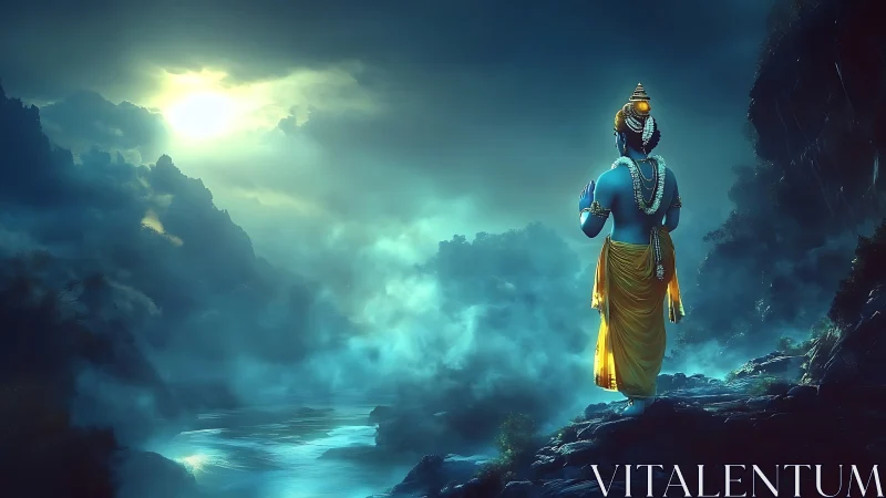 Divine blue figure overlooking misted river at dawn.