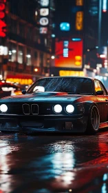 Retro BMW coupe in neon lit rain soaked cyberpunk avenue