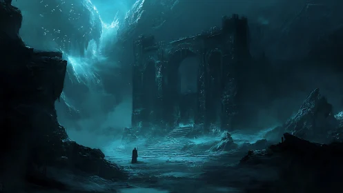 Lone traveler approaches a misty ancient gate of shadows