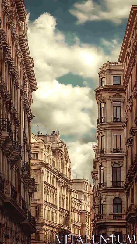 Historic European street canyon frames dramatic cloudy sky