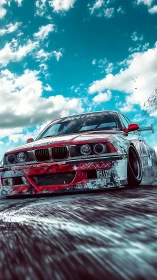 Drift-tuned BMW races along wet track under vivid sky
