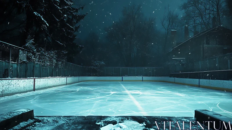 Empty outdoor ice rink glows under cold winter night sky