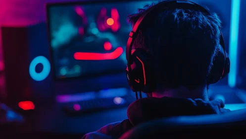 Neon-lit gamer drifts through a glowing cyber playground tonight