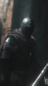 Armored knight figure stands in dim atmospheric lighting