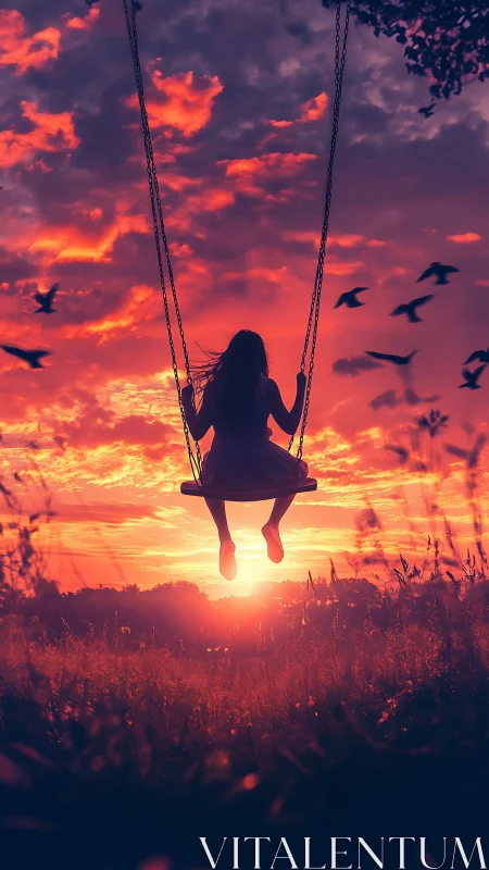Silhouette of a person on a swing aligned with sunset horizon